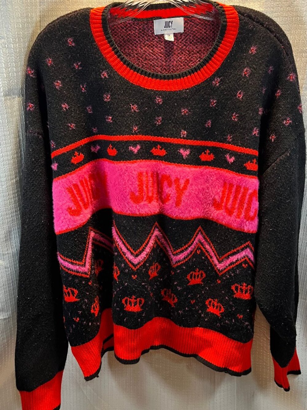 Juicy Couture Spellout Logo Chevron Crowns Sweater in Black Pink and Red size 3X